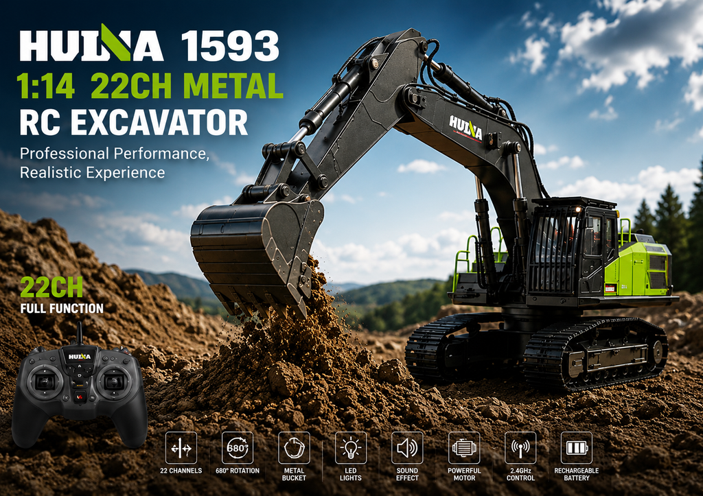 HUINA 1593 1:14 Metal RC Excavator | 22CH Professional Remote Control Excavator