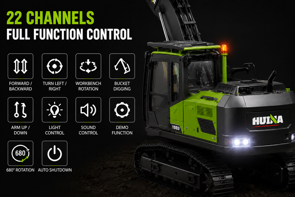 HUINA 1593 1:14 Metal RC Excavator | 22CH Professional Remote Control Excavator