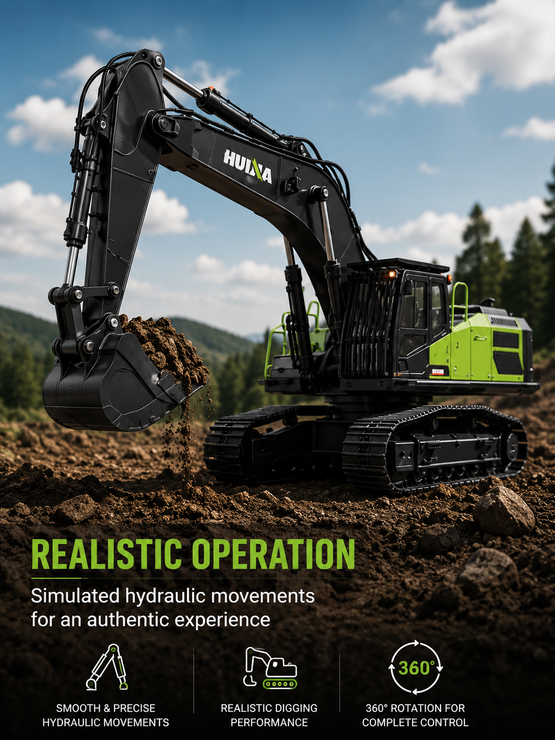 HUINA 1593 1:14 Metal RC Excavator | 22CH Professional Remote Control Excavator